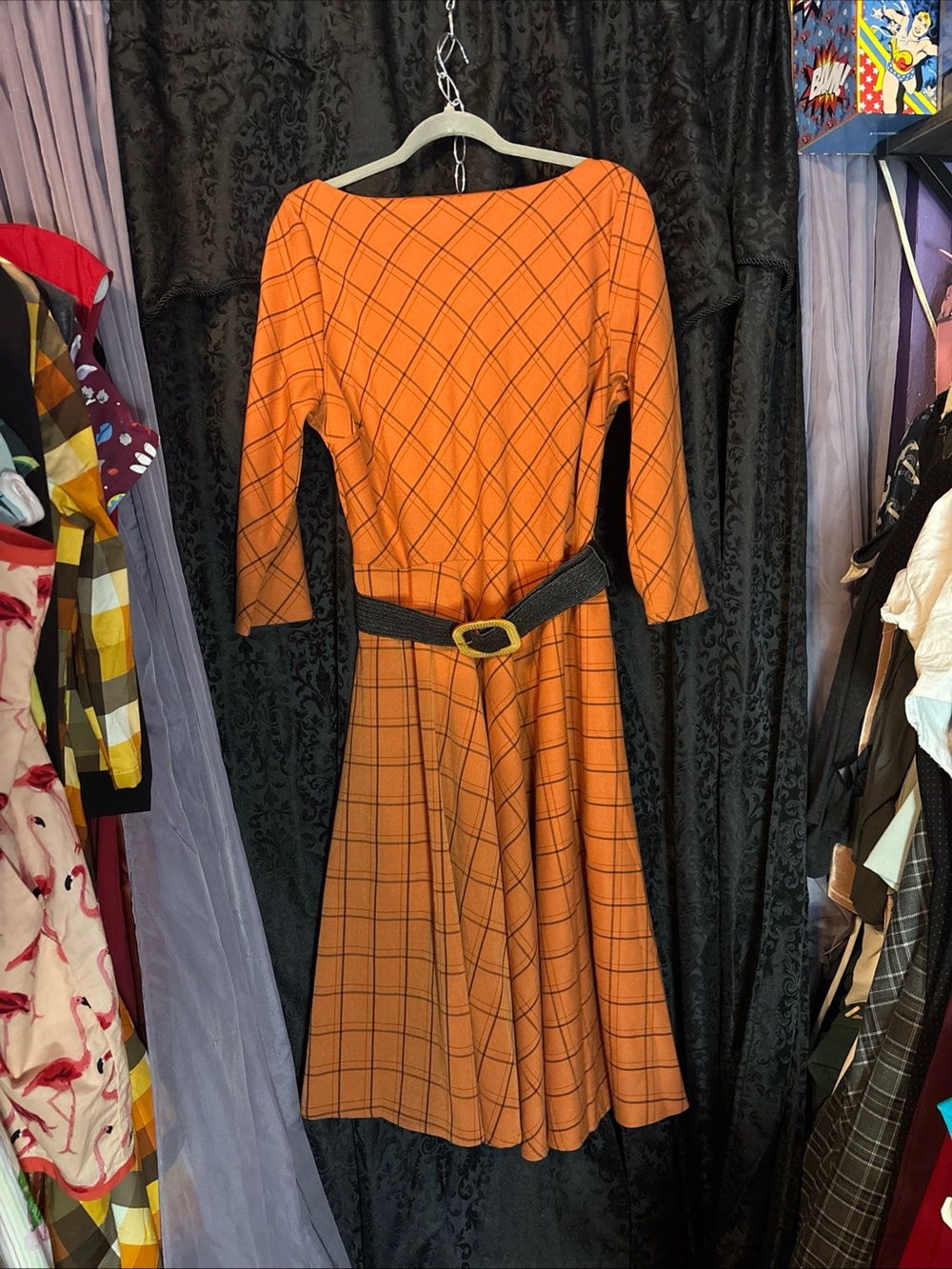 Unique Vintage Orange & Black Long Sleeve A-line Pinup Dress XL